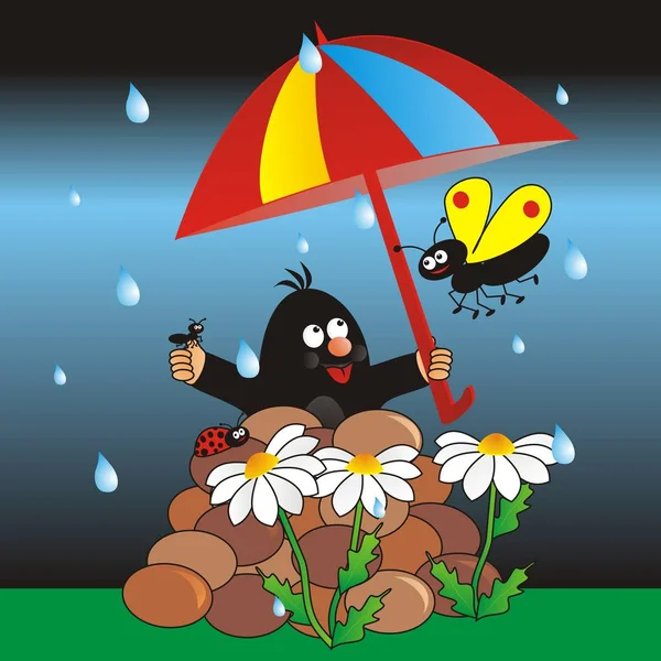 Toupeira Borboleta Formiga Joaninha Sob Guarda Chuva Chuva Ilustração Vetorial — Vetor de Stock