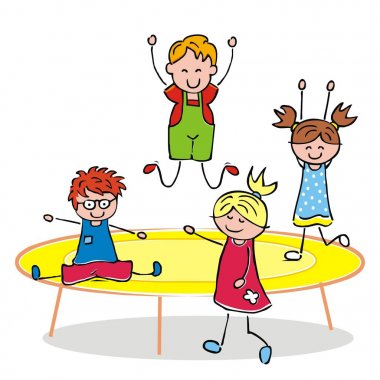 Trambolindeki çocuklar, vektör simgesi. Trambolinde zıplayan bir grup kız ve erkek. El vektör illüstrasyon çizin. Sevimli spor küçük çocuklar.
