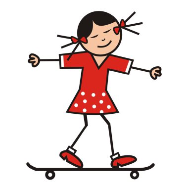 Kaykay üzerinde kırmızı elbise kız, komik vektör illüstrasyon. Gülümseyen kız longboard gider.