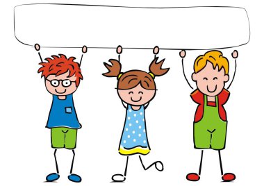 Mutlu çocuklar ve afiş, beyaz arka plan, vektör komik illüstrasyon üç neşeli çocuk grubu. Renkli yaratıcı illüstrasyon. Komik clipart.