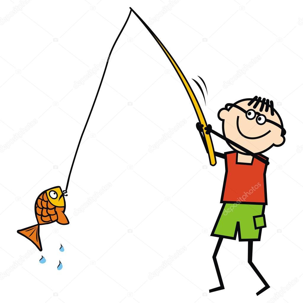 Fisher, funny person with fishing rod and fish, humorous vector illustration