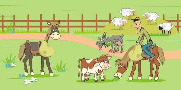 Vita Fattoria Equitazione Cowboy Vitello Capra Pecore — Vettoriale Stock