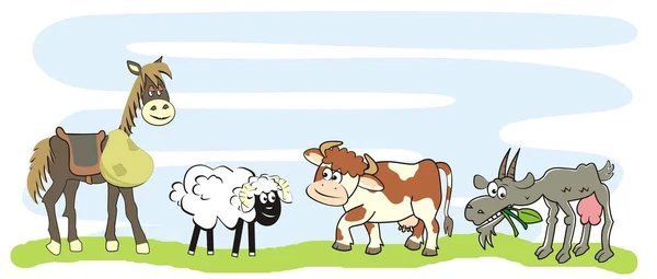Four farm animals, horse, sheep, cow and goat on meadow, funny vector illustration