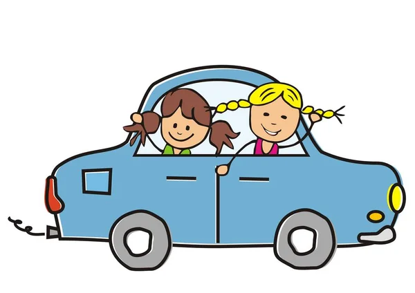 Car Children Two Girls Ride Car Vector Illustration — Stock Vector