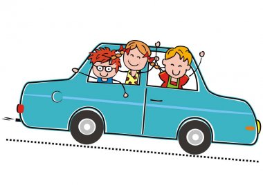 Araba ve çocuklar, iki erkek ve bir kız arabaya binmek, vektör komik illüstrasyon. Üç mutlu çocuklu mavi araba.