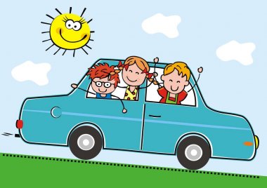 Araba ve çocuklar, iki erkek ve bir kız arabaya binmek, vektör komik kartpostal. Üç mutlu çocuklu mavi araba.