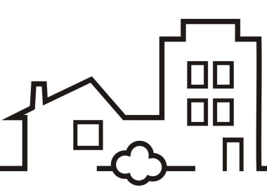 İki ev ve yeşillik, vektör illüstrasyon, izole nesne. Küçük ve yüksek evler ve çalılar. Yalıtılmış nesne.