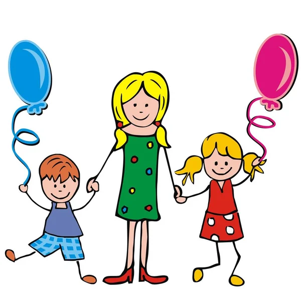 Moeder Jongen Meisje Met Ballonnen Vector Illustratie — Stockvector
