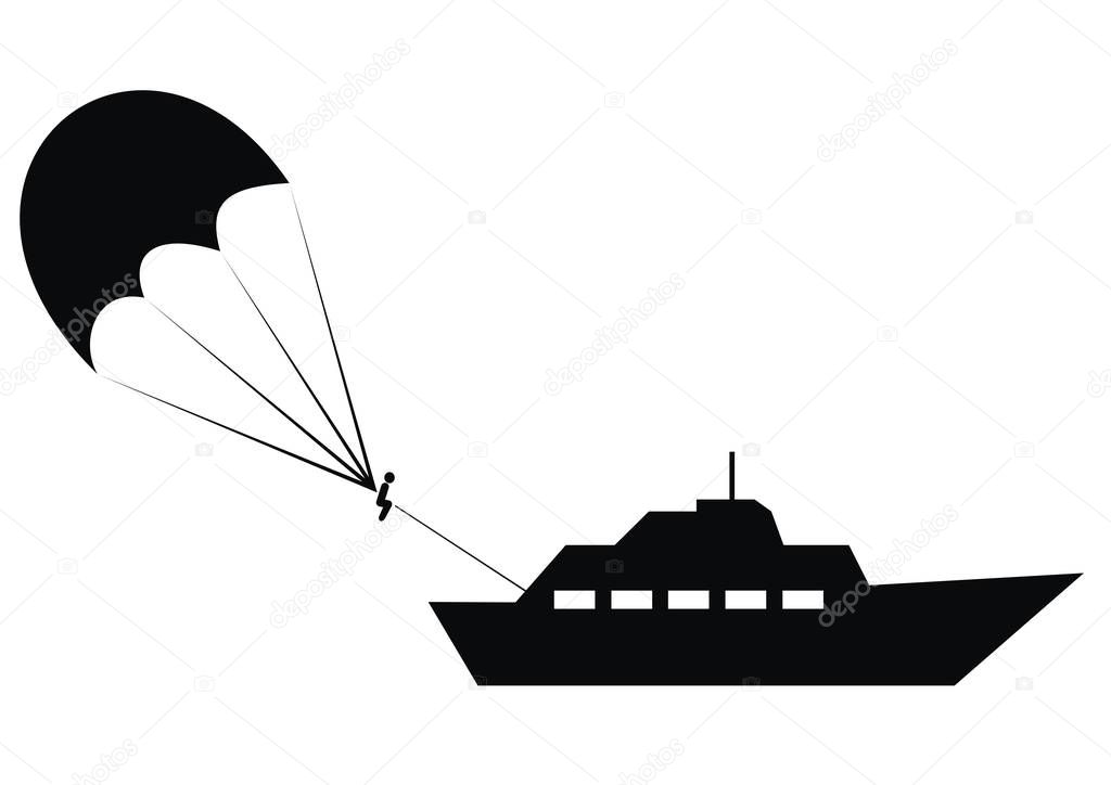 parasailing, black silhouette of parachute and boat, vector icon