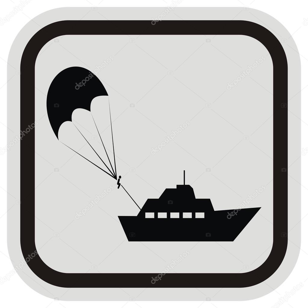 parasailing, black silhouette of parachute and boat at gray and black frame, vector 