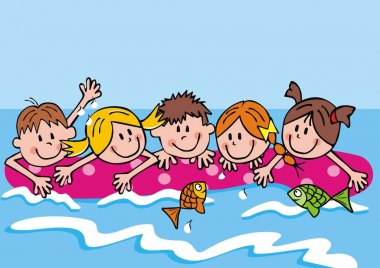 Denizde şezlongda kız ve erkek grubu, komik vektör illüstrasyon. Çocuklar denizde şezlongda yüzüyorlar..