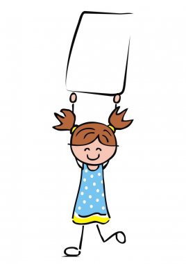 Afişli küçük bir kız. Yaratıcı komik illüstrasyon. Pazarlama kampanyası için konsept. Vektör simgesi, tek nesne.