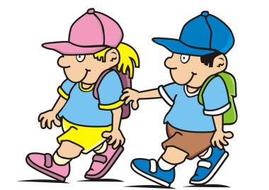 Okul çantası ile iki çocuk, kız ve çocuk okula gitmek, vektör simgesi, okula geri