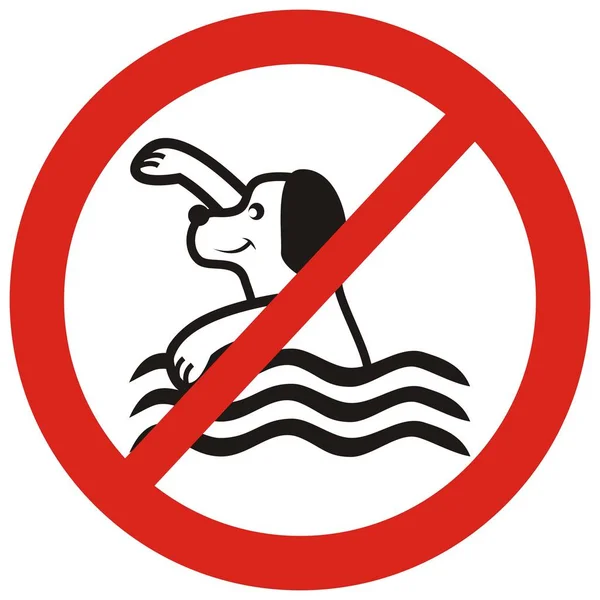 Swimming dog, red frame , vector icon. Black silhouette of dog at water at red circle frame. No bathing dogs.