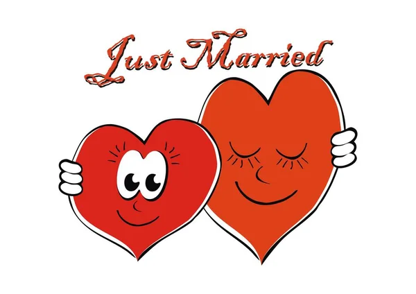 Casado Cartão Felicitações Para Casamento Dois Corações Ilustração Vetorial Engraçado —  Vetores de Stock