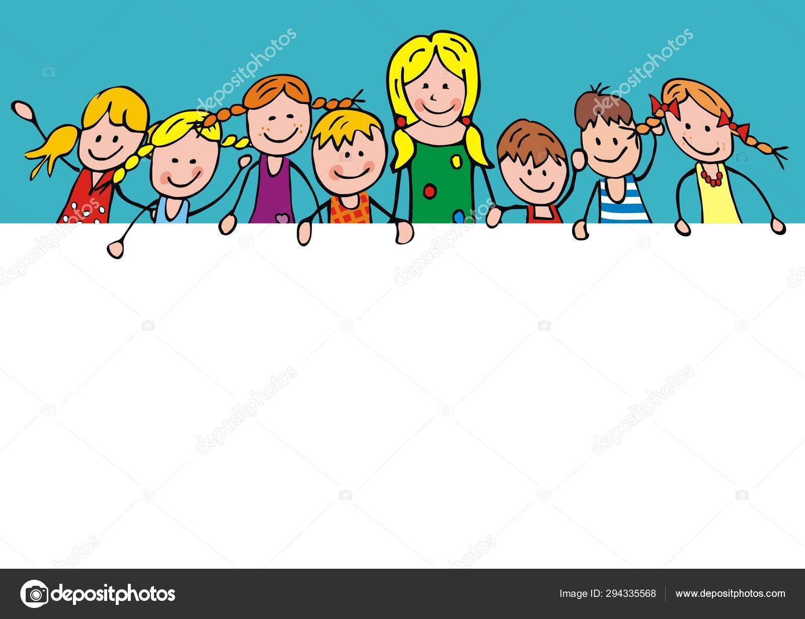 교사와 행복한 아이들의 정면보기 재미있는 일러스트 스톡 벡터 - ©janista 294335568, image size:1600x1231