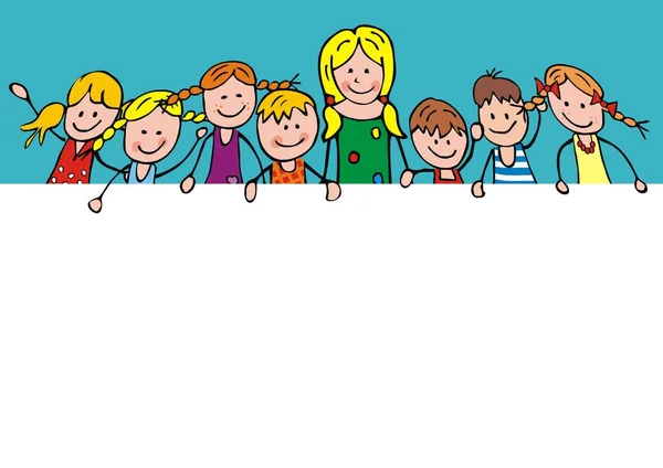 幸せな子供たちの教師とグループ 正面図 バナー ベクトル面白いイラスト — ストックベクタ