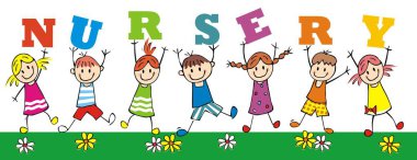 Kreş, vektör illüstrasyonu. Yazıt kreş ile küçük kız ve erkek grubu.