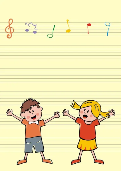 Niños Cantando Niño Niña Fondo Son Pentagramas Notas Musicales Ilustración — Vector de stock