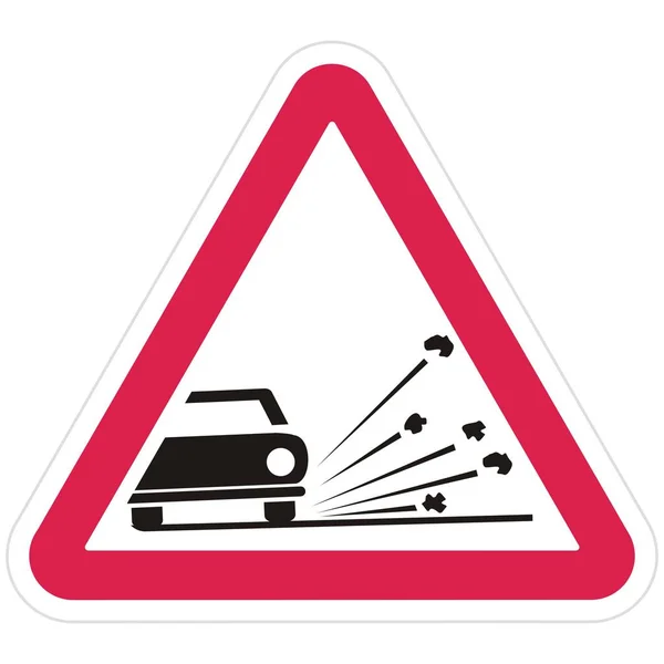 交通標識の警告に注意してください 赤い円枠に石が付いた車の黒いシルエット 分離ベクトル オブジェクト — ストックベクタ