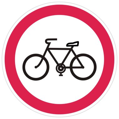 Bisikletlere giriş yok. Yol işareti, yol bisikletinin siyah silueti kırmızı daire çerçeve, vektör simgesi.