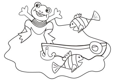 Kurbağa, balıklar ve tekne, çocuklar için boyama kitabı, vektör illüstrasyon. Resim için Smile yaratıcı resim.