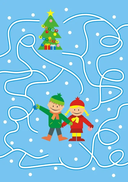 Labyrinth Board Game Children Boy Girl Christmas Tree Vector Illustration — Stock Vector