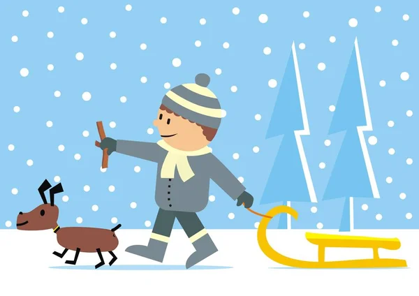 Jongen Met Hond Slee Vector Illustratie Blauwe Achtergrond Met Sneeuwvlokken — Stockvector