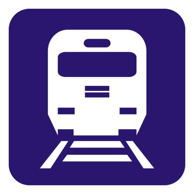 Tren platformu, mavi arkaplanda beyaz lokomotif silueti, vektör simgesi