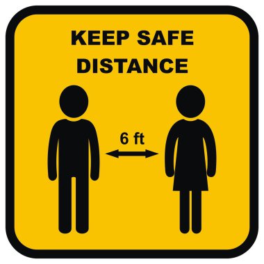 Güvenli mesafede kalın. Siyah çerçeveli sarı etiket, siyah siluet, vektör.