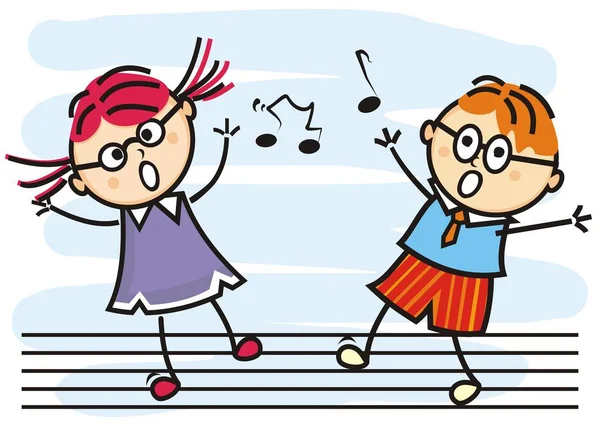 歌唱快乐的女孩和男孩 矢量插图 — 图库矢量图片