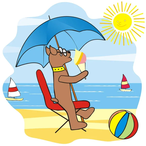 Собака Пляже Забавная Векторная Иллюстрация Собака Мороженым Сидит Стуле Заднем — стоковый вектор