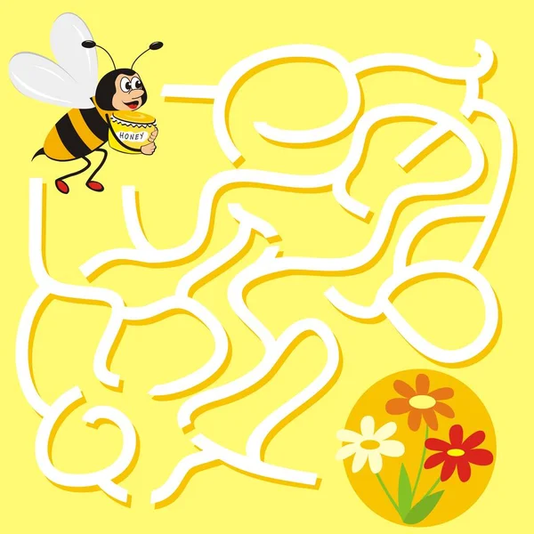 Laberinto Abeja Con Prado Flores Juego Para Niños Vector Divertido — Vector de stock