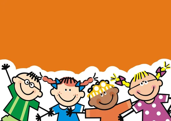 Mutlu çocuklar, kavramsal afiş, turuncu arka planda komik vektör çizimi. Bir grup küçük kız ve erkek..
