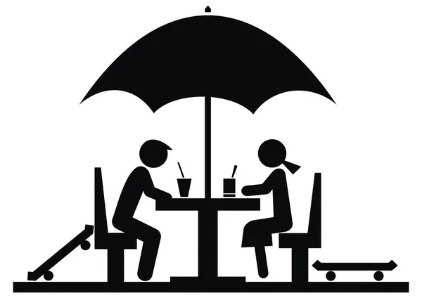 Två Personer Sitter Restaurang Ett Paraply Svart Siluett Vektor Ikon — Stock vektor