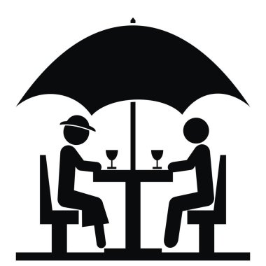 Bir restoranda şemsiye altında iki kişi oturuyor, siyah siluet, vektör simgesi