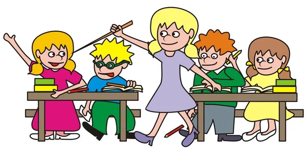Lehrer Und Kinder Klassenzimmer Vektorillustration — Stockvektor