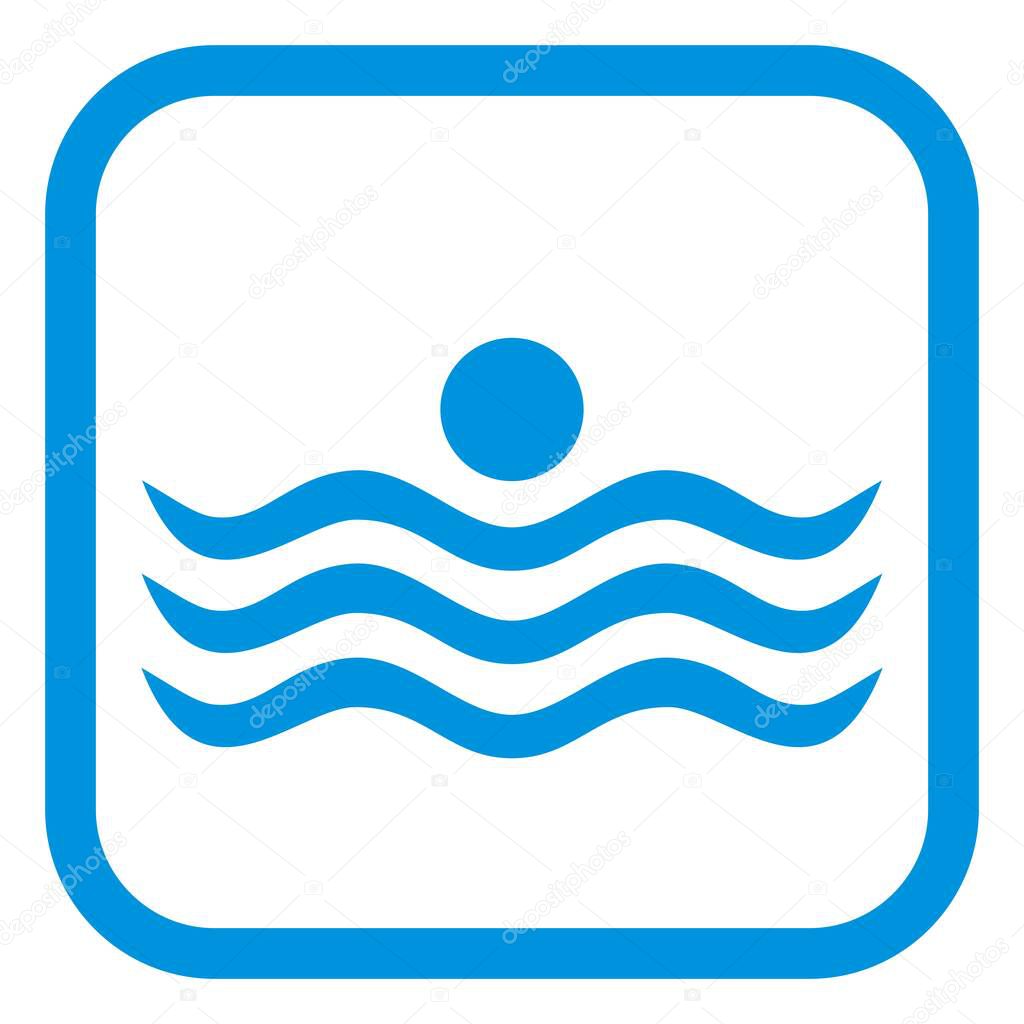 Swimmer, blue silhouette of person on blue frame, vector icon. Concept for swimming activities.