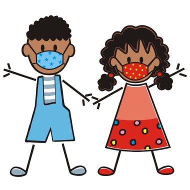 African boy and girl at protective mask, color vector illustration on white background. clipart