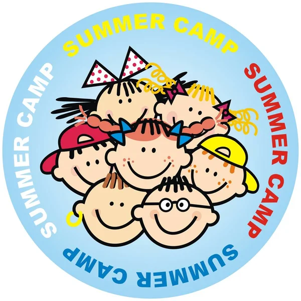 Grupo Niños Felices Marco Del Círculo Azul Campamento Verano Banner — Archivo Imágenes Vectoriales