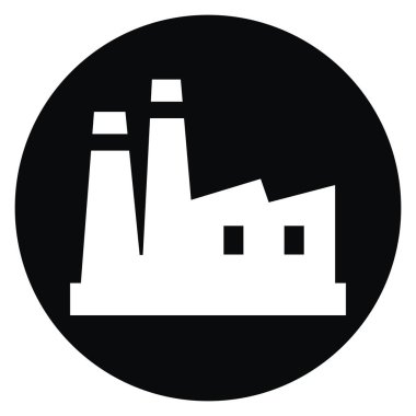 Fabrika, basit beyaz siluet, daire siyah çerçeve, vektör simgesi