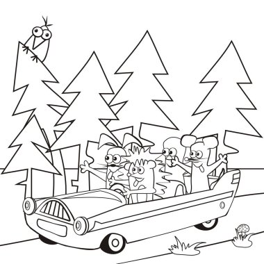 bebek hayvan ve araba, boyama sayfası, vektör illüstrasyonu