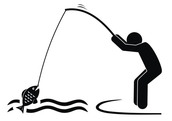 Fisher, olta ve balıklı kişi, siyah siluet, vektör simgesi