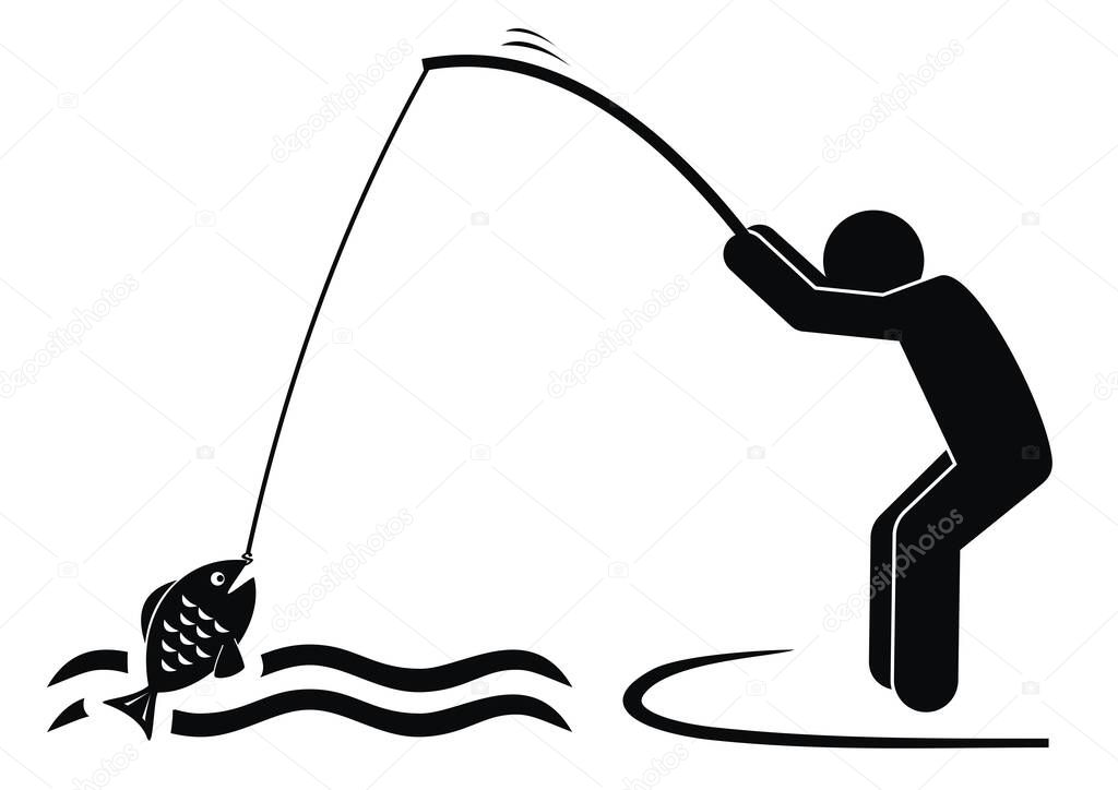 Fisher, person with fishing rod and fish, black silhouette, vector icon