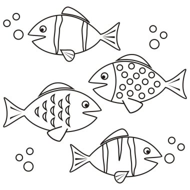 Balıklar, boyama kitabı, vektör çizimi
