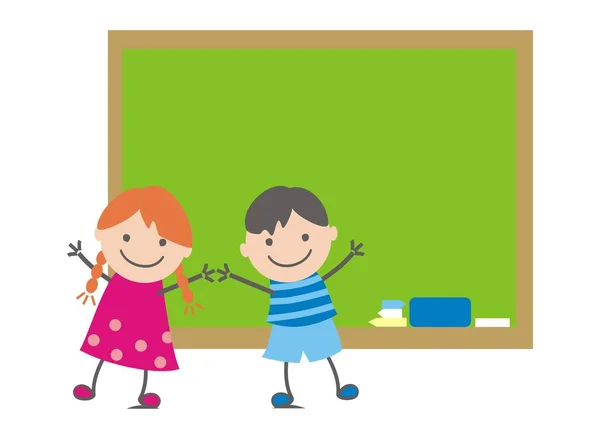 Zwei Schulkinder Vor Der Tafel Lustige Vektorillustration — Stockvektor