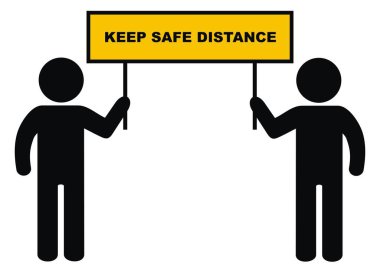 Güvenli mesafede durun, sarı bayrak taşıyan iki kişi, siyah siluet, vektör simgesi