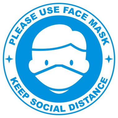 Lütfen yüz maskesi kullanın, sosyal mesafeyi koruyun, mavi ve beyaz daire etiketi, vektör simgesi