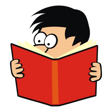 tutkulu okuyucu, kırmızı kitabı olan çocuk, komik vektör çizimi