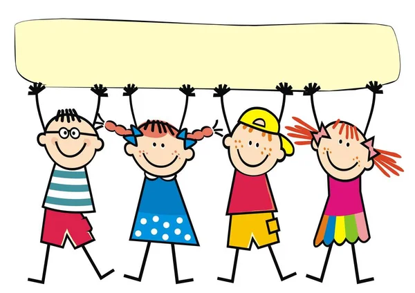 Dört çocuk ve boş afiş, komik kavramsal vektör çizimi